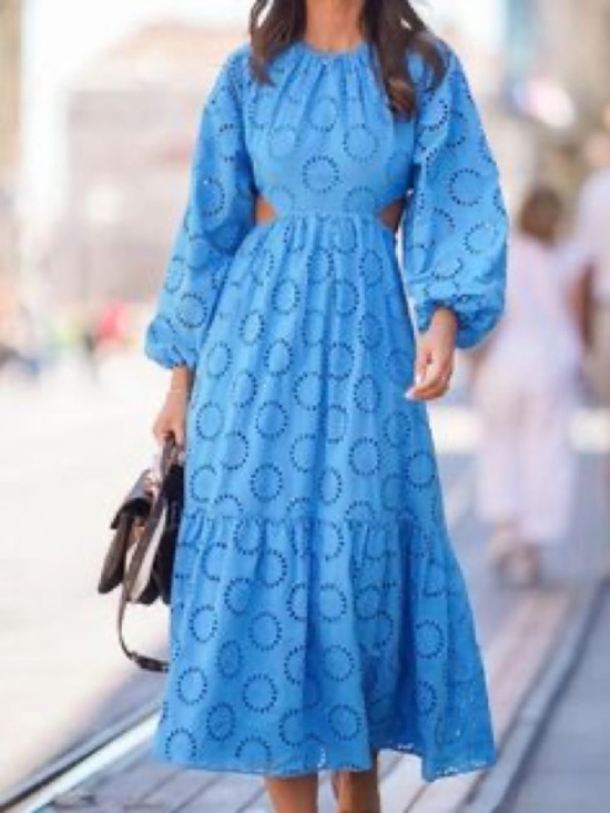 Zara Dresses & Skirts - Zara Blue Eyelet Maxi Dress with Puff Sleeves
